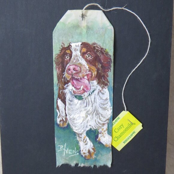 Original Art Hand Painted Tea Bag Art, Spaniel Dog, Artist Signed B. Vens - Picture 2 of 8